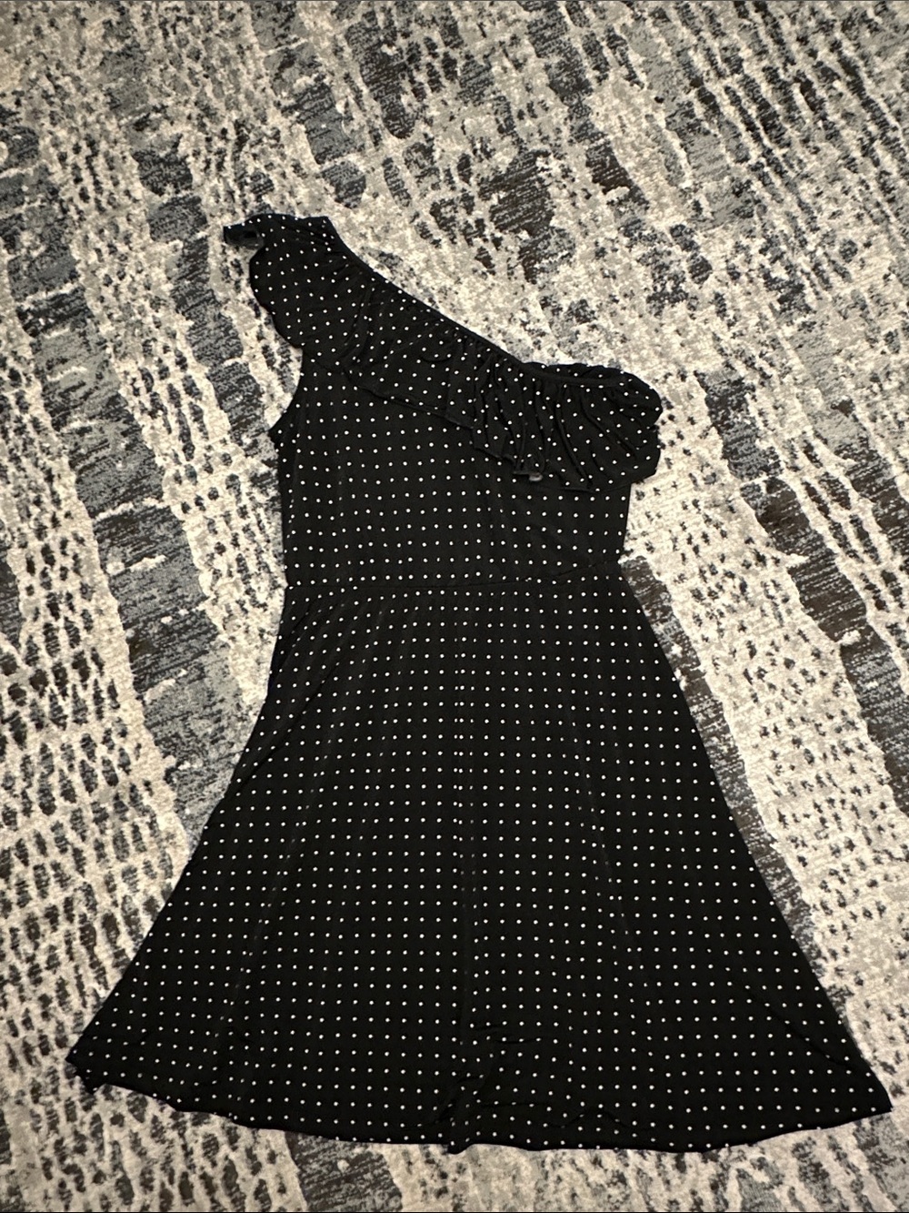 Polka Dot One-Shoulder Black Dress with Ruffle